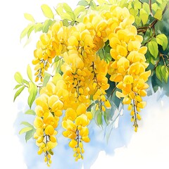 A watercolor illustration of bright yellow laburnum flowers