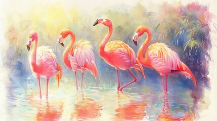 Obraz premium A serene scene showcasing four elegant flamingos wading through tranquil waters, surrounded by soft pastel colors and gentle reflections.