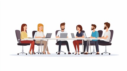 people on a meeting, they are sitting behind the round table, talking with each other, there are computers in front of them. vector illustration, simple flat.