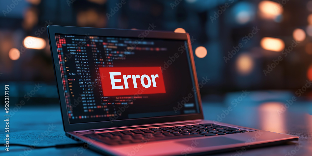 Poster Modern laptop showing error message on code background