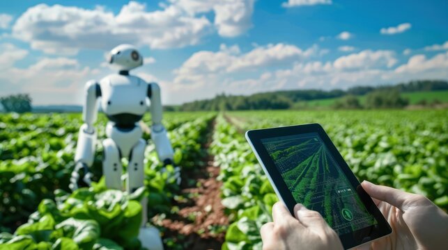 A humanoid robot stands in a lettuce field while a human hand holding a tablet shows a digital interface for agricultural monitoring or control.