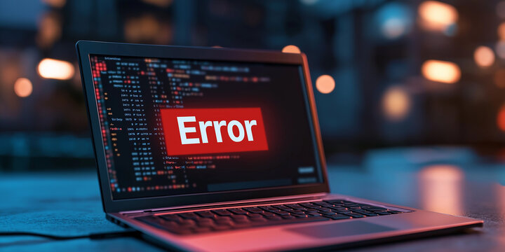 Modern laptop showing error message on code background