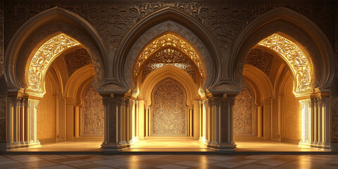 Obraz premium Luxurious golden palace interior shining in the sunset light