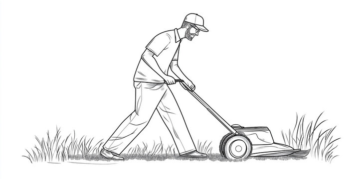 recommend clip art: Gardener mowing grass with lawn mower in the garden