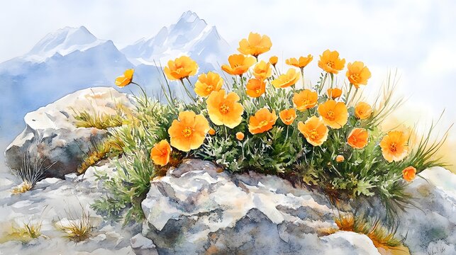 A watercolor illustration of mountain avens in bloom