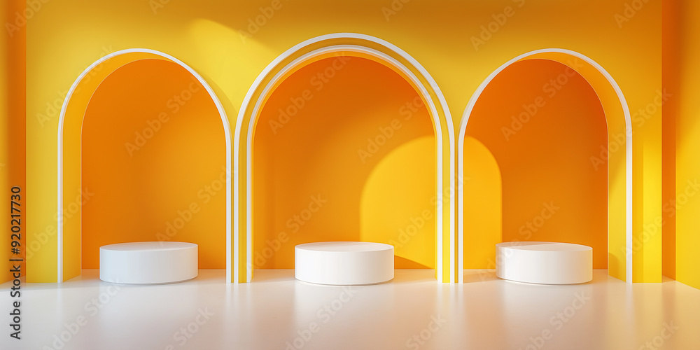 Aufkleber Three white round podiums displaying on yellow background with arches and sunlight 3d rendering