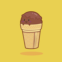 Isolated Vector Cute Cartoon of Chocolate Cone Ice Cream Mascot.