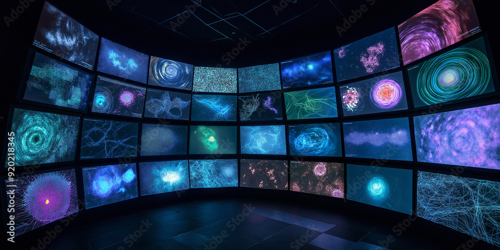 Poster wall of monitors showing scientific data visualizations in a dark room