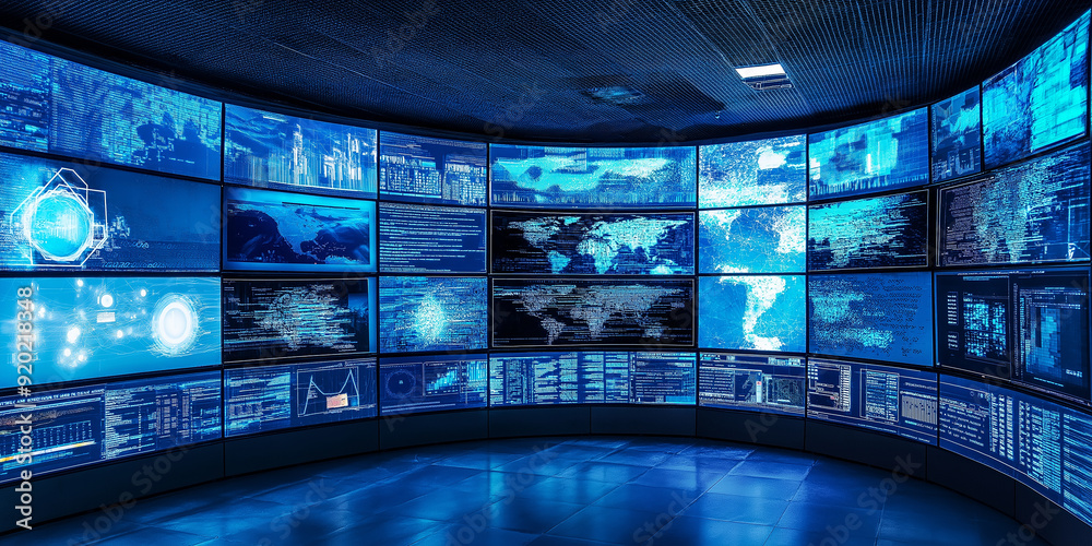 Poster Modern technological control room showing global connectivity and data analysis