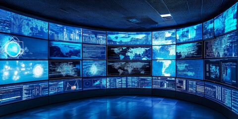 Modern technological control room showing global connectivity and data analysis