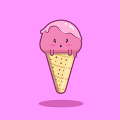 Isolated Vector Cute Cartoon of Strawberry Ice Cream Cone Mascot.