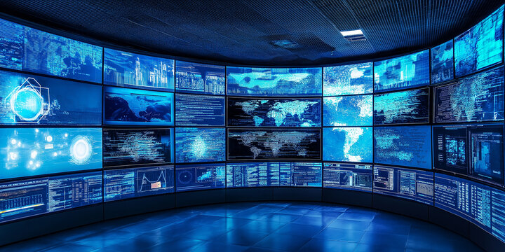 Modern technological control room showing global connectivity and data analysis