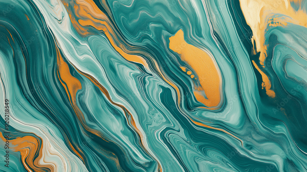Aufkleber liquid gold mixing with teal and turquoise creating abstract acrylic painting background