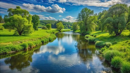 Obraz premium Tranquil river flowing through lush green landscape , serene, peaceful, nature, landscape, water, stream, flowing, green