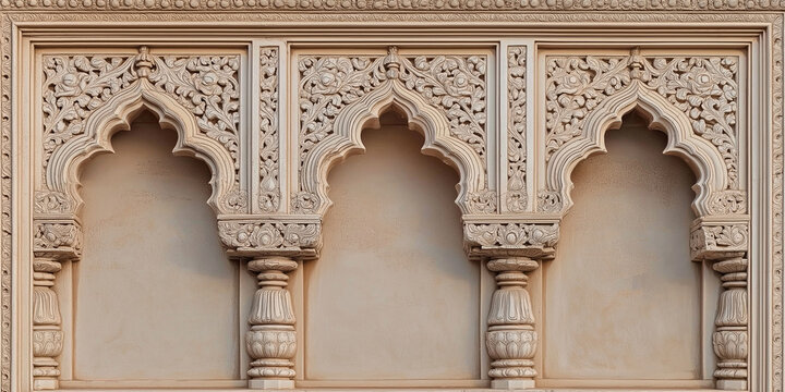 Architectural detail showing floral stone carving decorating arches and columns