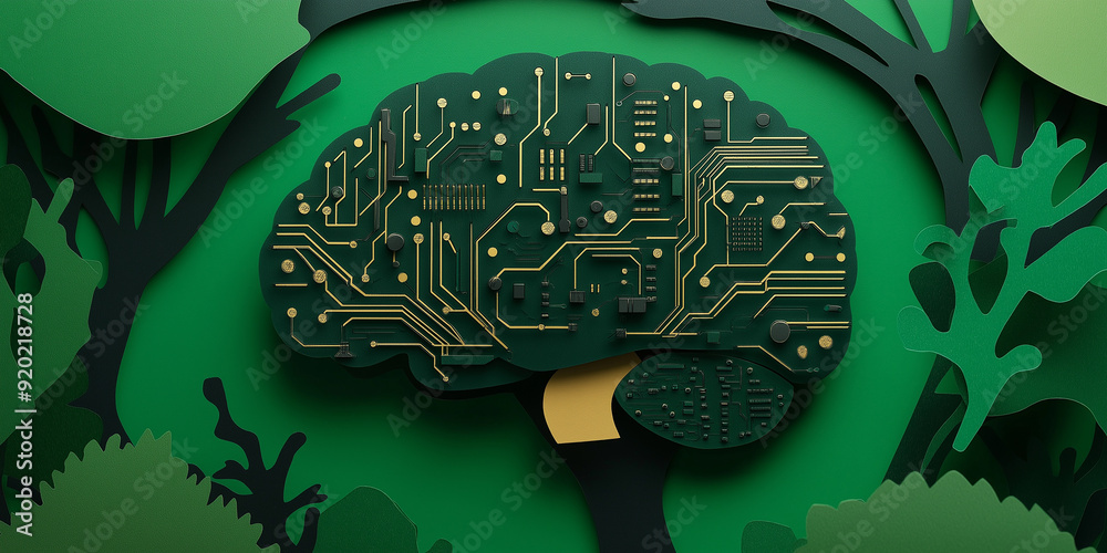 Poster Electronic brain surrounded by paper cutout trees symbolizing ai and nature connection