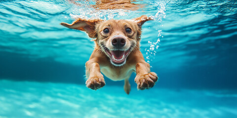 Happy dog swimming underwater in turquoise water