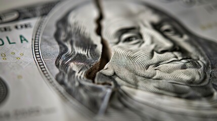 Close-up of Cracked American Dollar Bill Revealing Economic Strain and Symbolic Decay in the Era of Artificial Junk Nouveau. Capturing the Essence of Economic Turmoil.