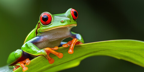 Red eyed tree frog perched on a vibrant green leaf