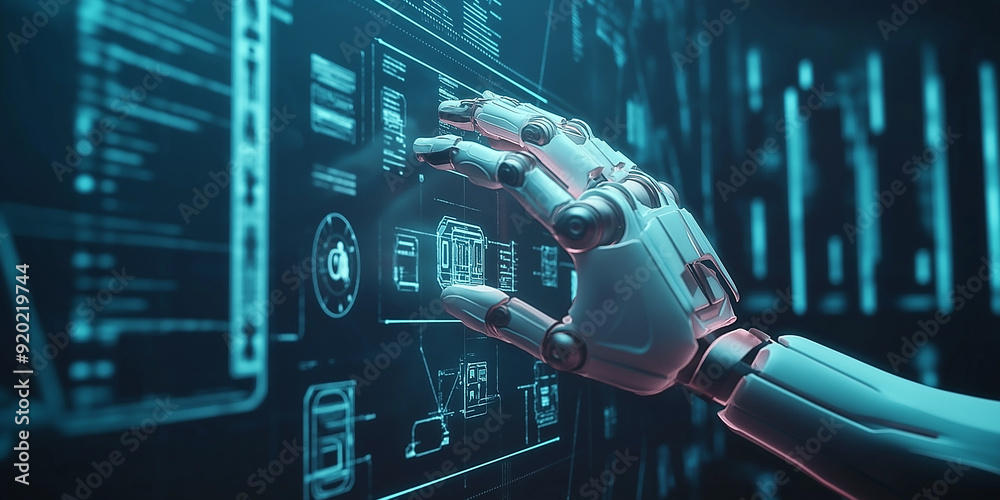 Poster Robot hand interacting with futuristic digital interface