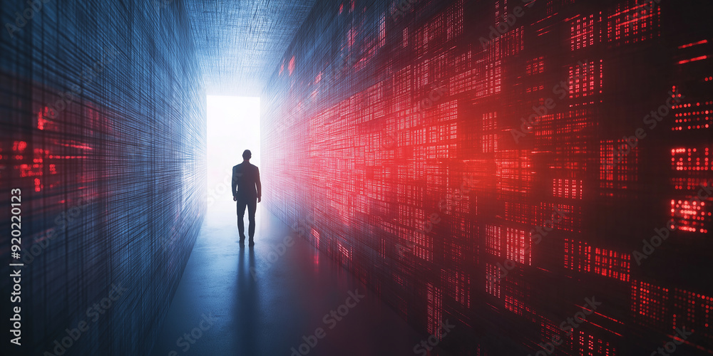 Poster businessman walking in technological corridor facing futuristic data flow