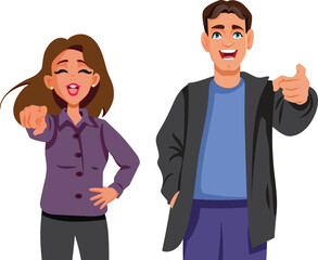 Cheerful Couple Pointing to the Camera Vector Cartoon. Happy parents laughing while checking out something funny
