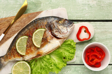 Board with tasty grilled dorado fish on green wooden background