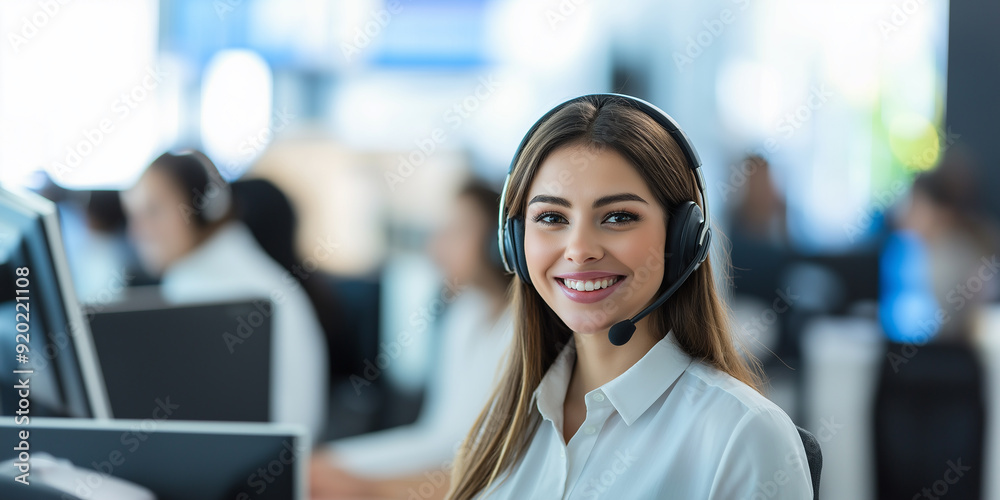 Poster Smiling customer service representative working in busy call center