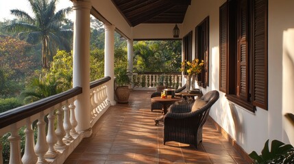 Fototapeta premium A relaxing patio with wicker furniture and a view of palm trees.