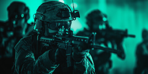 Soldier aiming assault rifle during night mission with squad