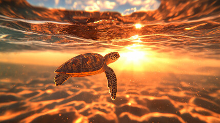 Obraz premium Sea Turtle Sunset: A mesmerizing underwater scene of a sea turtle gracefully swimming towards a breathtaking sunset, casting golden hues through the water. 