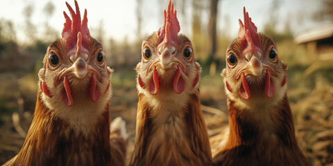 Naklejka premium Three curious chickens looking at the camera on a farm