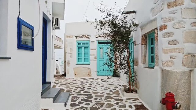 picturesque street of parikia village in paros