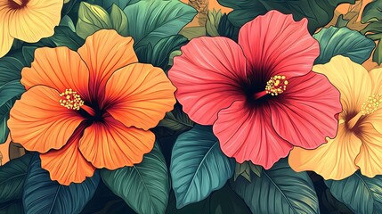 Obraz premium Handdrawn hibiscus flowers with their large, colorful petals
