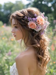 Naklejka premium Elegant Half-Up Half-Down Hairstyle with Floral Accents