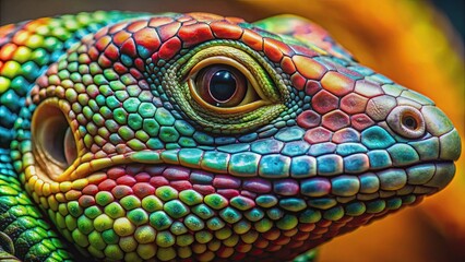 Naklejka premium Close-up photo of a vibrant reptile with textured scales, showcasing intricate patterns and colors, reptile, scales