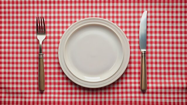 Plate, knife and fork set arranged on a checkered tablecloth, tableware, dining, restaurant, elegant, utensils