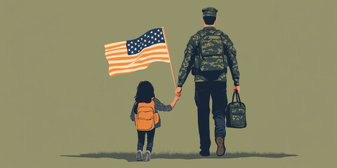 Soldier father and daughter walking together holding american flag
