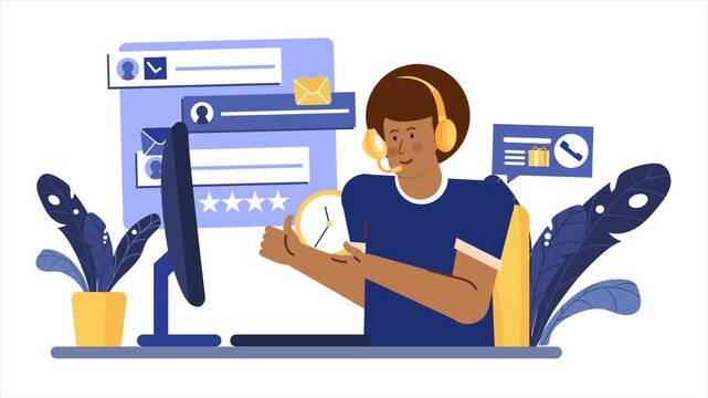 A man sitting in front of a computer as a customer service illustration business animated video