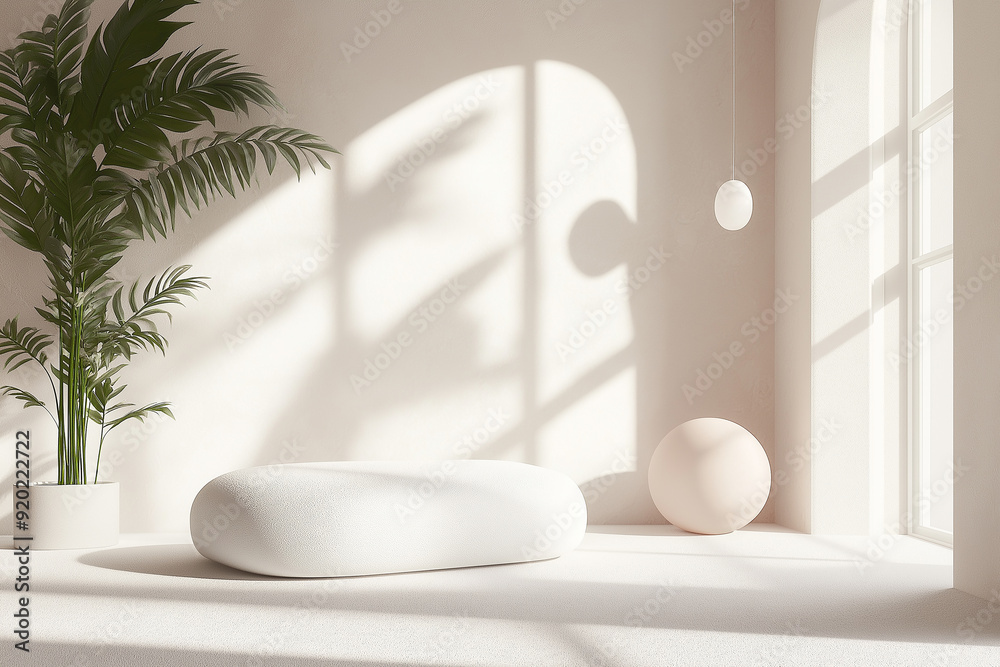 Aufkleber empty white cylinder product display podium in minimal sunlit room with palm tree
