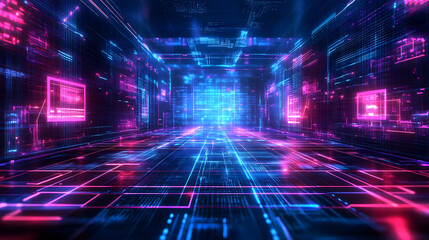 A futuristic digital environment with glowing lines and data streams.