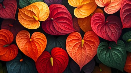 Handdrawn, vivid anthurium flowers with their heartshaped petals