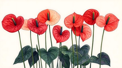 Obraz premium Handdrawn, vivid anthurium flowers with their heartshaped petals