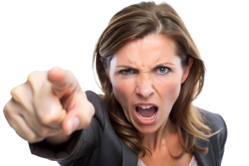 close-up A hand's women pointing With an angry look on her face isolated on transparent background