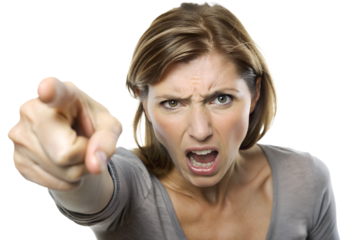 close-up A hand's women pointing With an angry look on her face isolated on transparent background