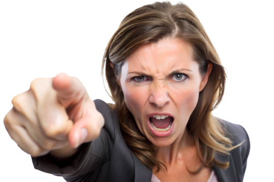 close-up A hand's women pointing With an angry look on her face isolated on transparent background