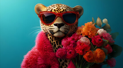 Fototapeta premium A stylish leopard wearing sunglasses holds a bouquet of colorful flowers.