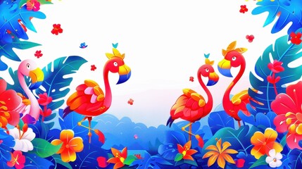 Obraz premium Vibrant illustration of colorful flamingos amidst lush tropical leaves and flowers, 