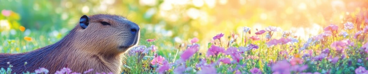 Fototapeta premium A peaceful capybara resting among colorful flowers in a serene setting, ideal for nature and wildlife photography.