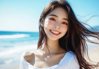 Beautiful young Asian woman wearing white t-shirt, happily smiling at the beach with blue sky sea background. Korean skin care concept. Portrait of girl model posing summer 